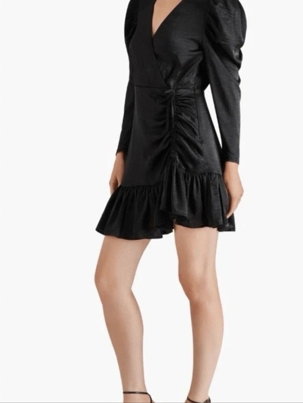 Steve Madden Black Satin Faux Wrap Ruched Mini Dress Ruffle Hem L - Picture 13 of 14
